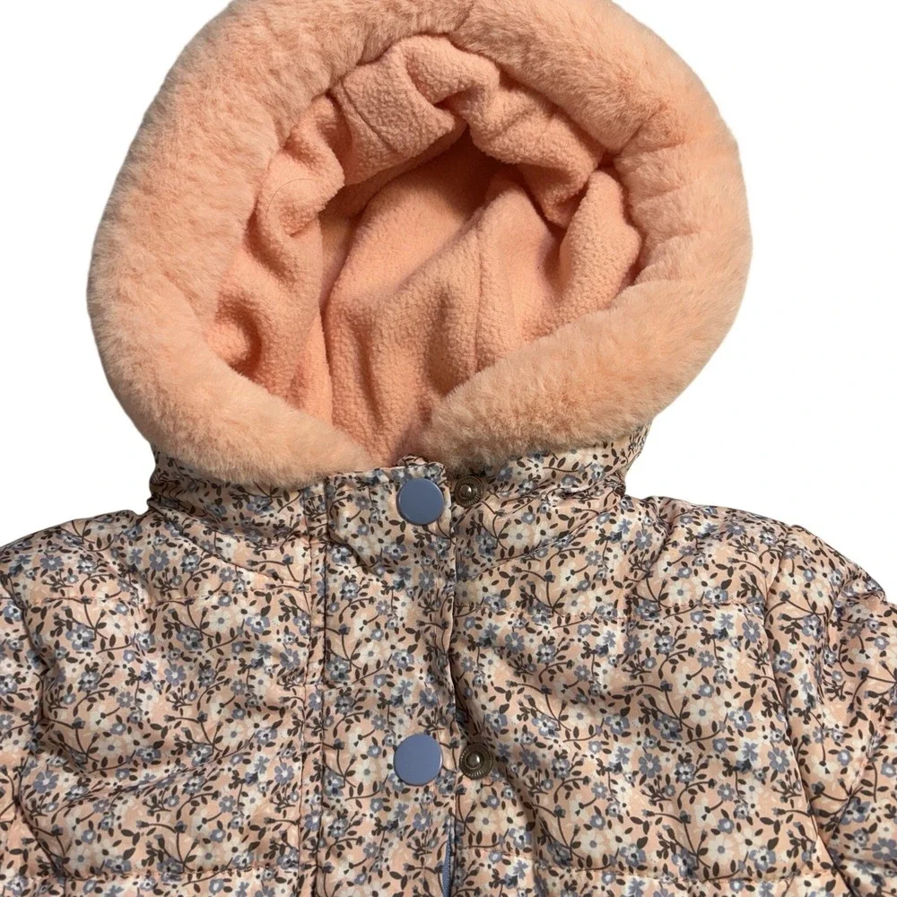 Kensie Girl Baby‎ Floral Puffer Jacket 12M Pink Peach Blue Flowers Faux Fur Hood